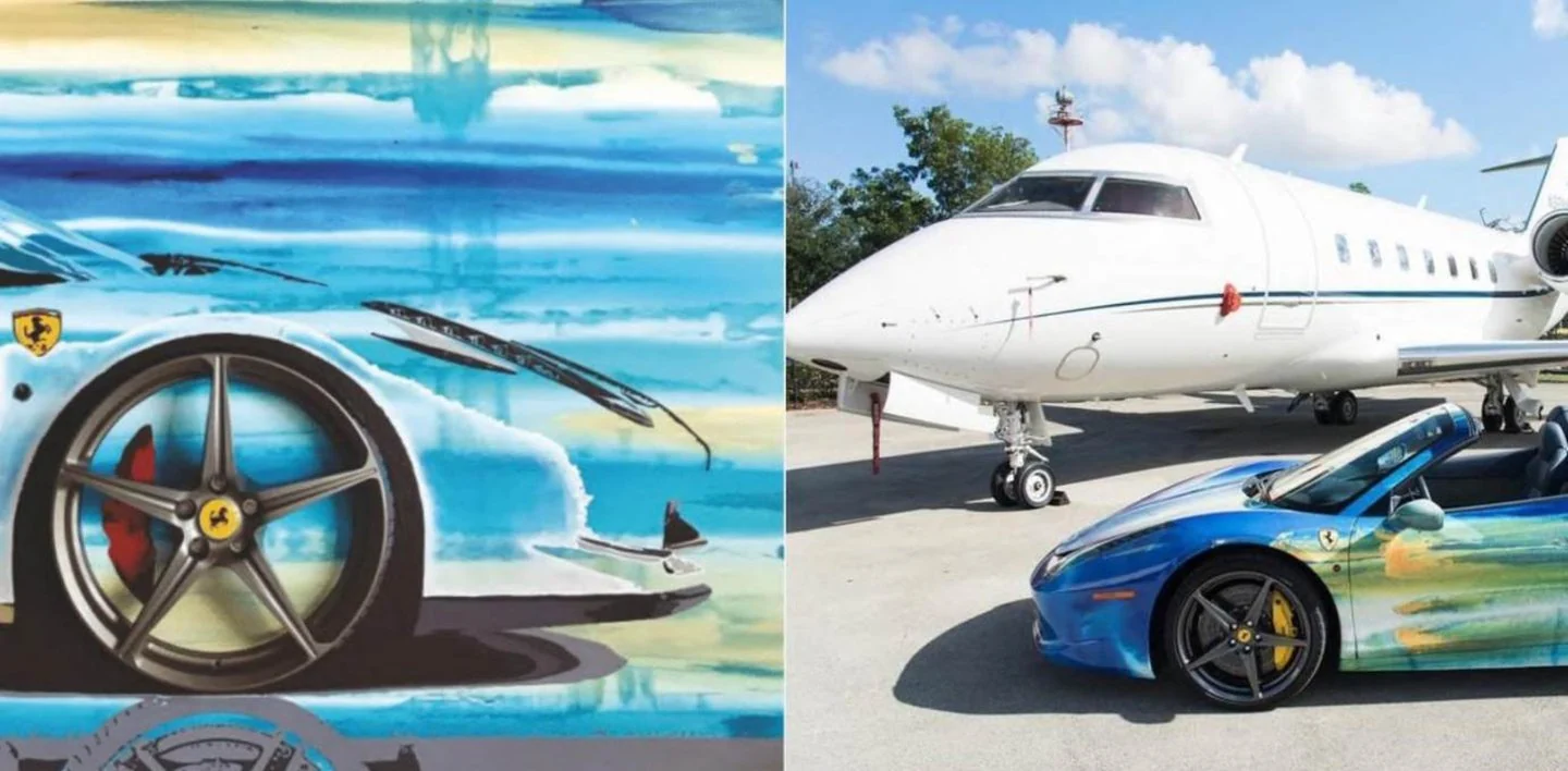Art Basel Miami — a three-dimensional painting by Erik Skoldberg with a mounted Ferrari rim, beside a Ferrari wrapped in the same artwork