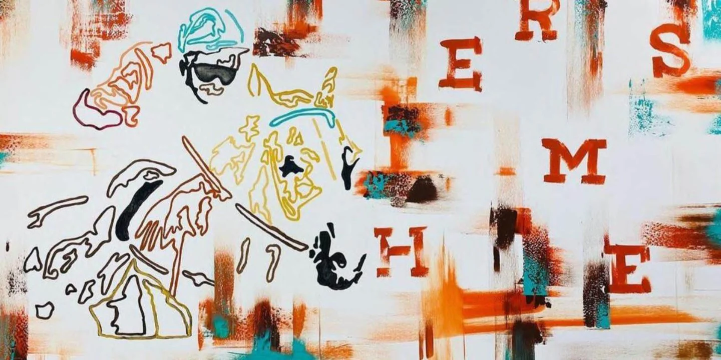 Hermès Palm Beach collaboration canvas by Erik Skoldberg, the house name stencilled across a heavily layered surface