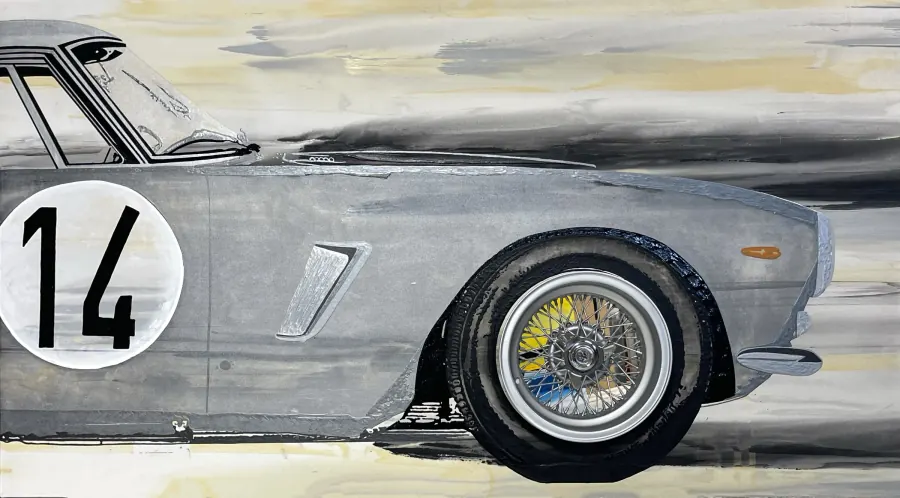1976 Ferrari SWB w/ Borrani wheel — Pop Collection painting by Erik Skoldberg, acrylic on canvas, 90 × 56 in